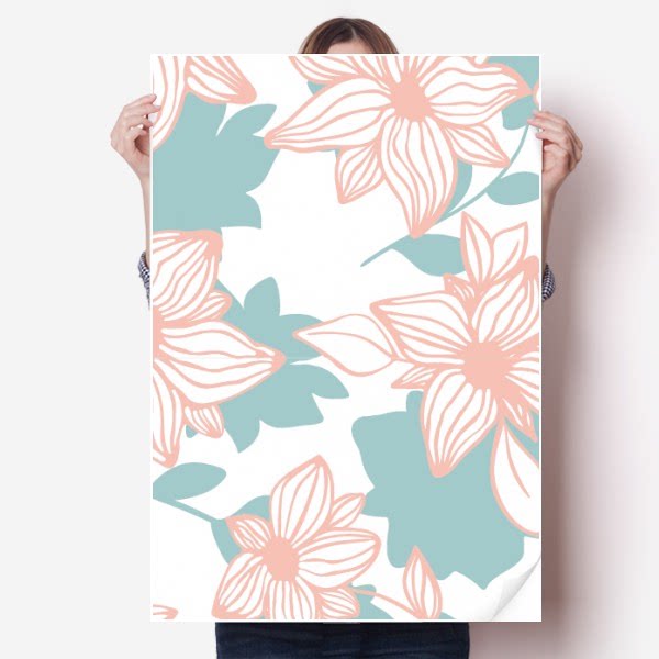 蓝橙植物手绘花卉画海报贴纸80x55cm墙贴纸卧室家居装饰