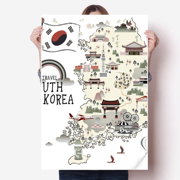 韩国旅行观光地图手绘海报贴纸80x55cm墙贴纸卧室家居装饰