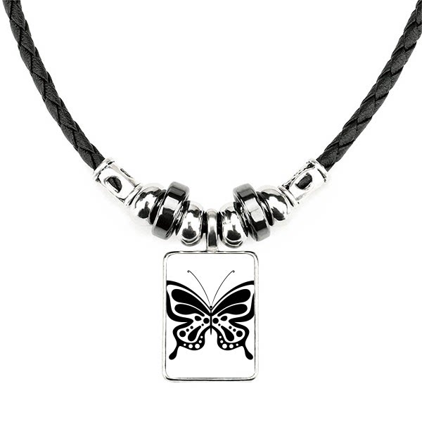 手绘卡通简约黑白蝴蝶剪影手工皮绳项链吊坠饰品