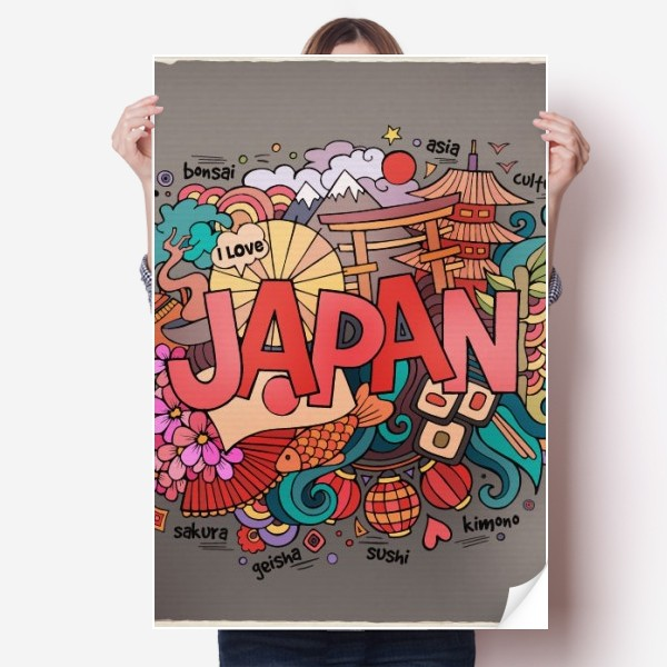 我爱日本亚洲文化彩色海报贴纸80x55cm墙贴纸卧室家居装饰