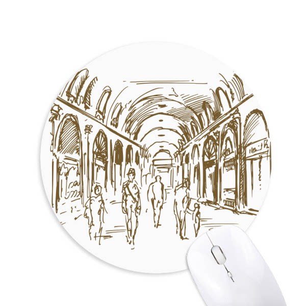 走廊国家地标风景素描插画圆形游戏办公防滑橡胶鼠标垫礼物