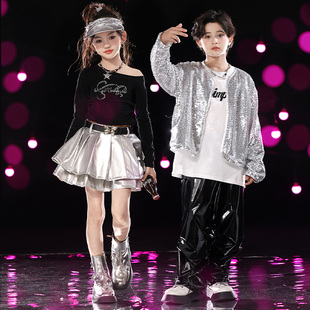 元 旦街舞演出服少儿嘻哈亮片潮服女孩爵士舞露脐模特走秀jazz舞服