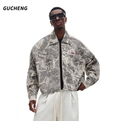 古丞GUCHENG 美式复古印花夹克男士翻领宽松休闲痞帅风短款外套