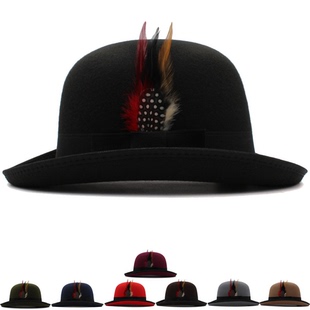 稍大头围春秋冬季男女椭圆顶波乐帽毛呢骑术帽羽毛装饰复古礼帽