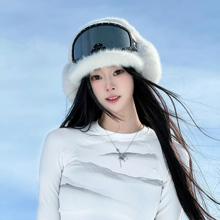 冬季女生毛绒兔毛钟形帽保暖渔夫帽防风水桶帽防寒盆帽纯色滑雪帽