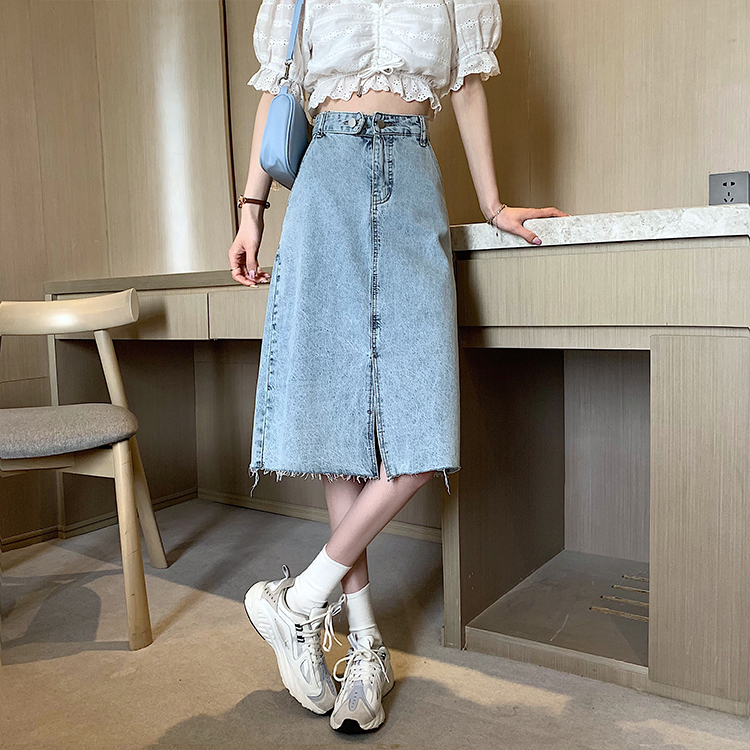 New denim skirt for women's mid length high waist A-line retro skirt