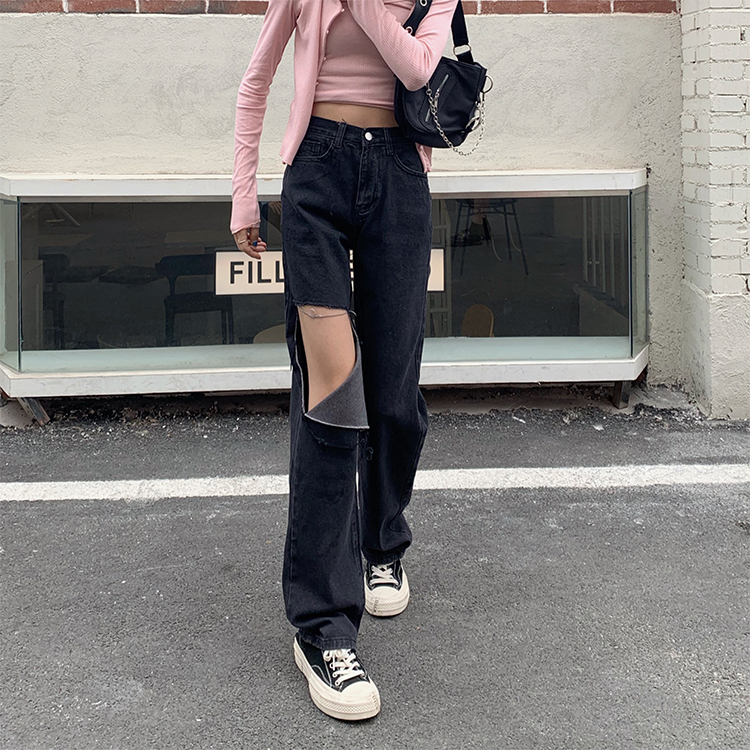 Real price Korean black straight high waist jeans