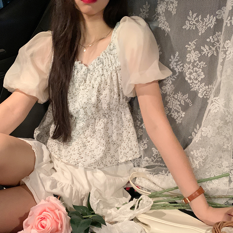 French square neck floral screen bubble short sleeve air retro top