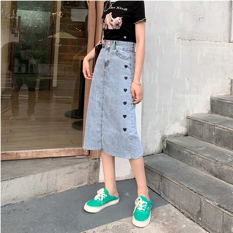 Real Price Embroidery high waist split half length denim skirt