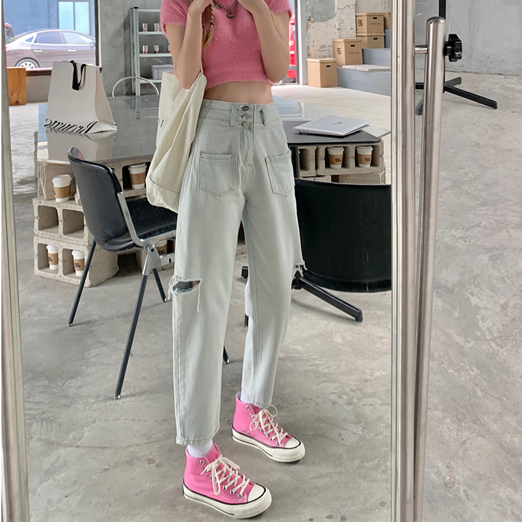 Real shot real price personalized wash high waist jeans with holes and straight tube Harlan jeans