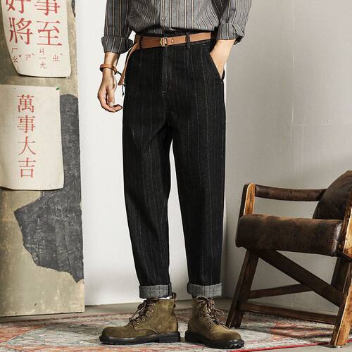 日系复古竖条纹工装牛仔