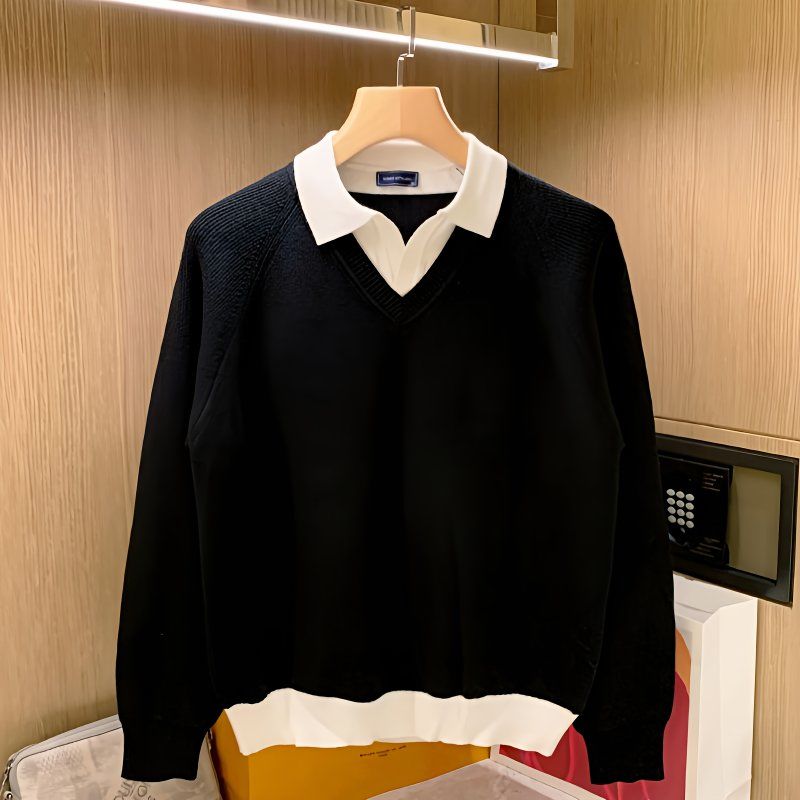 复古纯色假两件毛衣男秋冬季韩版修身百搭休闲长袖针织衫1/2件