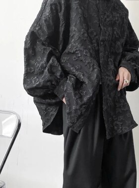 日系小众蝙蝠袖衬衣男女情侣款秋季慵懒风宽松通勤休闲纯色衬衫男