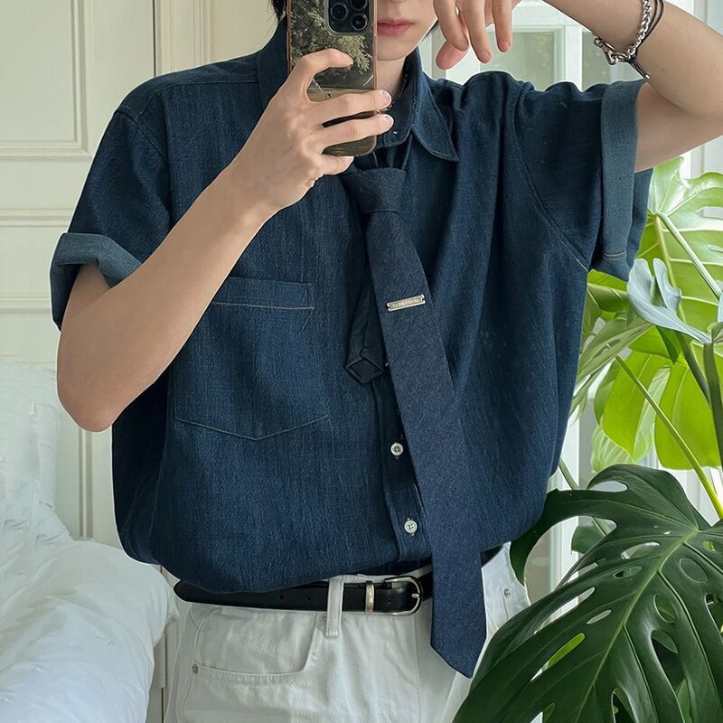 [送领带]复古短袖衬衫男士夏季宽松休闲牛仔衬衣韩系通勤风DK制服