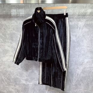秋冬季高级感金丝绒运动服套装男韩版潮流ins痞帅拼色2休闲外套装