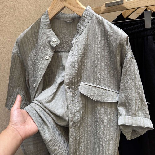 现货发老钱风松弛感73%天丝tencel【IN】男士复古立领短袖衬衫潮