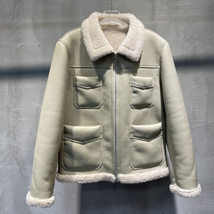 海宁皮毛一体男款外套短款翻领机车服皮衣冬季保暖宽松加厚皮夹克
