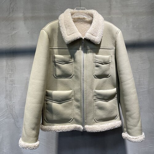 海宁皮毛一体男款外套短款翻领机车服皮衣冬季保暖宽松加厚皮夹克