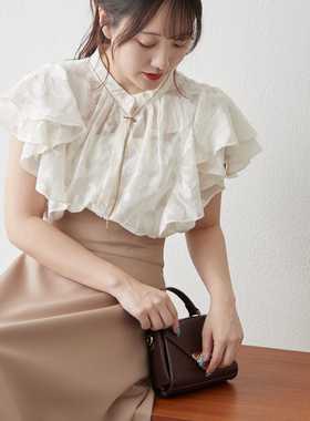 nice cleap日单 荷叶边飞袖轻薄植绒 透视纯色百搭荷上衣