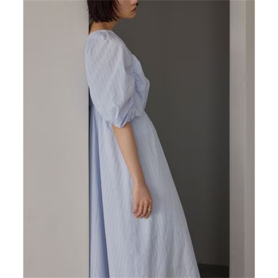 EMMEL REFINES日单全棉纯色气质泡泡短袖收腰显瘦连衣裙