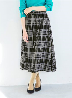 le couer blan*日单 两面穿着格纹+纯色A字松紧高腰半身裙伞裙女