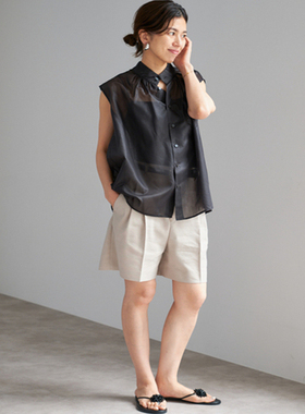 IEN@日单夏 轻薄透明感条纹无袖宽松衬衫单排扣上衣女