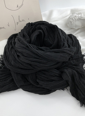 复古文艺咖色黑色纯色压皱加长款毛边棉麻围巾男女冬季保暖厚围脖