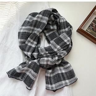 日韩学院风文艺黑白棉麻格子围巾女学生春秋短款薄款护颈保暖围脖