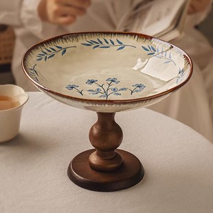 新年2026中式陶瓷果盘木质底座植物花卉花边设计饭店家用水果干盘