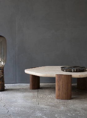 北欧ins创意黑胡桃木矮桌洞石茶几大理石茶台客厅家用侘寂风圆桌