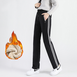 子口袋拉链卫裤 纯棉加绒加厚秋特厚羊羔绒直筒裤 女冬季 双杠运动裤