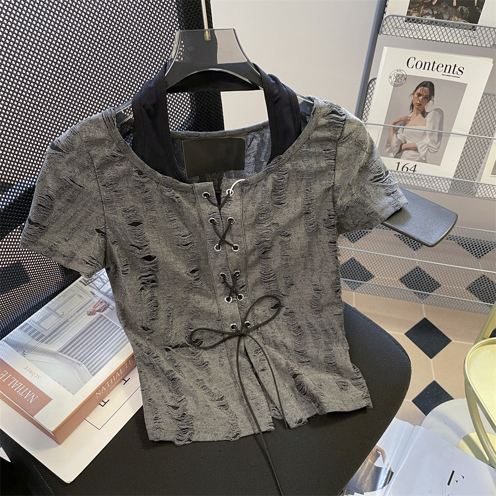 PURE DESIRE 투피스 홀터넥 넥 스트랩 찢어진 여성용 반팔 티셔츠 여름 AMERICAN HOT GIRL 슬림 오른쪽 어깨 짧은 탑