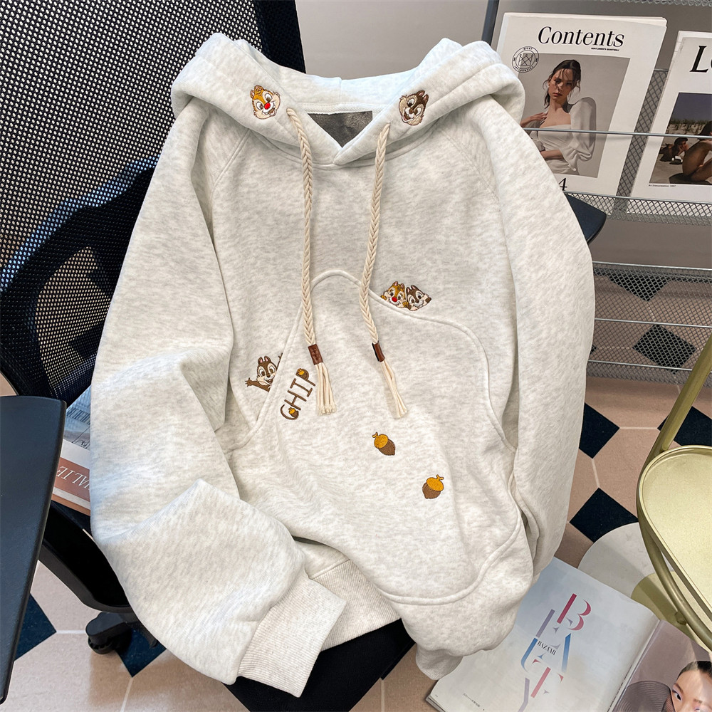 Japanese-style unique embroidered hooded sweatshirt for women, autumn and winter, fleece lined, lazy style, cute and youthful outerwear
