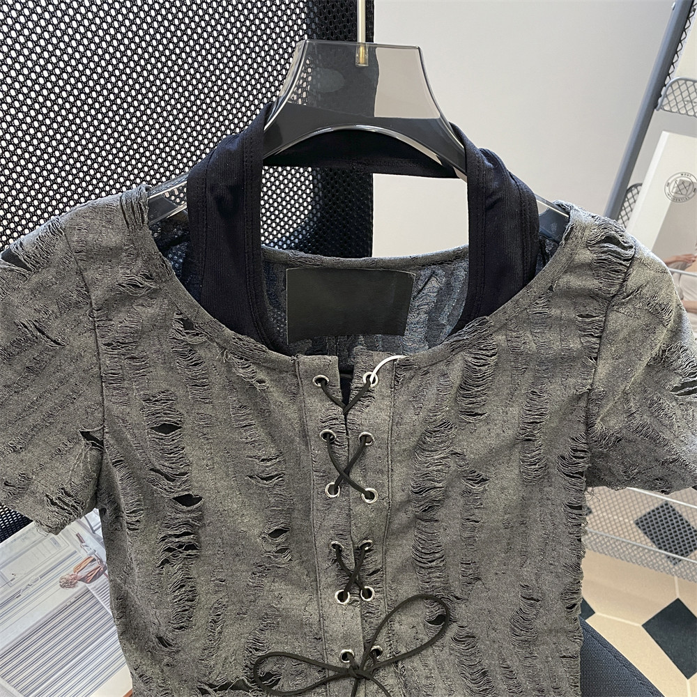 PURE DESIRE 투피스 홀터넥 넥 스트랩 찢어진 여성용 반팔 티셔츠 여름 AMERICAN HOT GIRL 슬림 오른쪽 어깨 짧은 탑