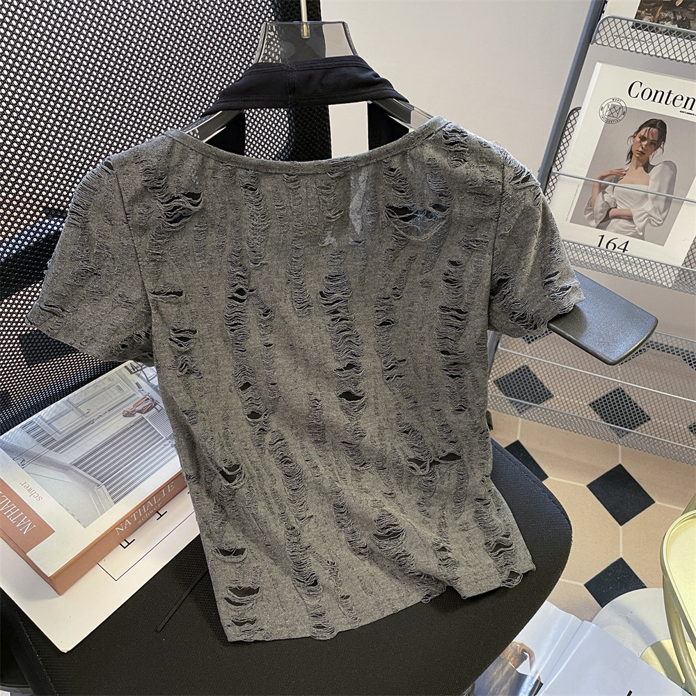 PURE DESIRE 투피스 홀터넥 넥 스트랩 찢어진 여성용 반팔 티셔츠 여름 AMERICAN HOT GIRL 슬림 오른쪽 어깨 짧은 탑