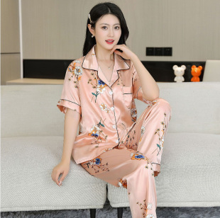 夏季 凉感丝滑睡衣女士短袖 长裤 性感冰丝两件套宽松休闲家居服套装