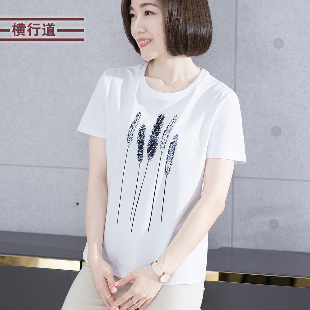 简约白色圆领图案印花休闲宽松短袖上衣打底衫半袖t恤女中年夏装