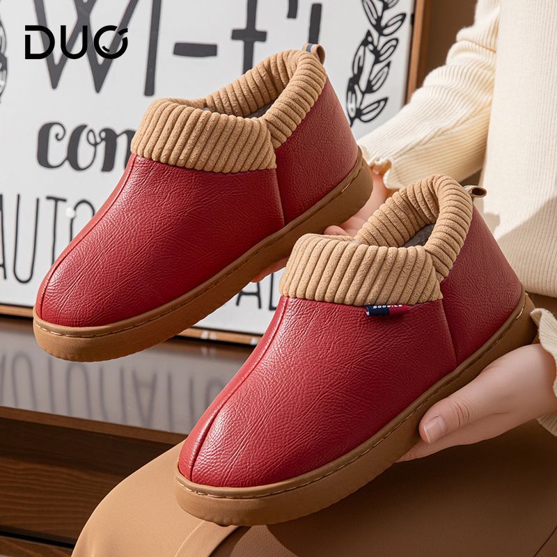 PU防水男女包拖鞋室内情侣冬季加绒保暖防滑棉鞋外穿皮面棉拖鞋