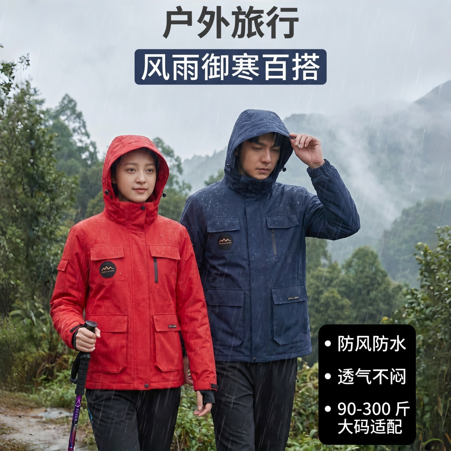 男女同款户外冲锋衣三合一纯羽绒内胆防水中长款大码登山服外套