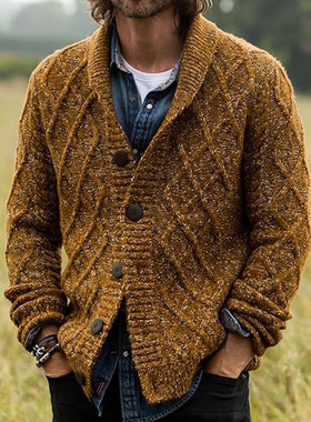 跨境男装 复古菱格纹针织开衫毛衣 秋冬款加厚羊毛衫外套男SY0133