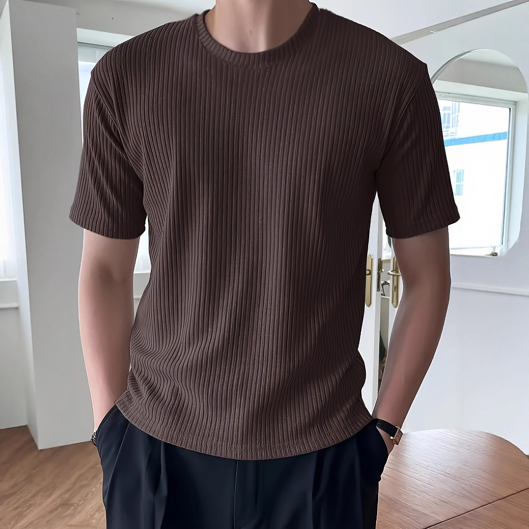 新款肌肉健身运动休闲条纹潮流男士夏季竖条纹纯色短袖男修身