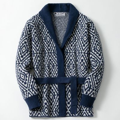 跨境男装欧美菱形提花毛织外套秋冬加厚中长款腰带开衫毛衣SY0217