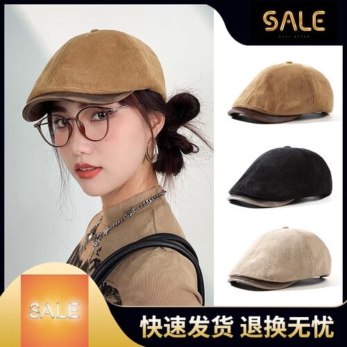 文艺复古反戴前进帽女秋冬灯芯绒复古画家帽子大头围贝雷帽显脸小