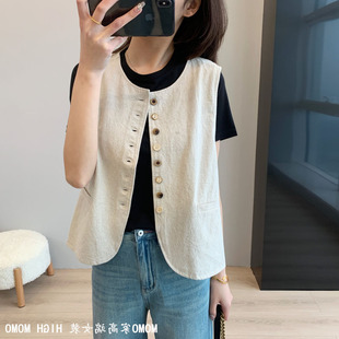 云朵浮雕~洋气简约百搭木扣棉麻马甲百搭女宽松显瘦无袖坎肩春夏