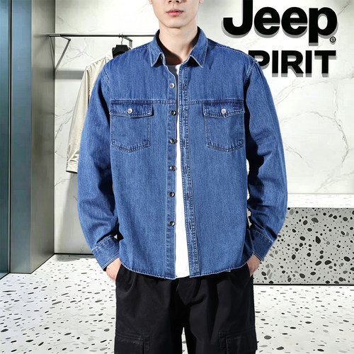 JEEP吉普美式复古牛仔衬衫男春秋新款长袖翻领宽松百搭衬衣外套潮