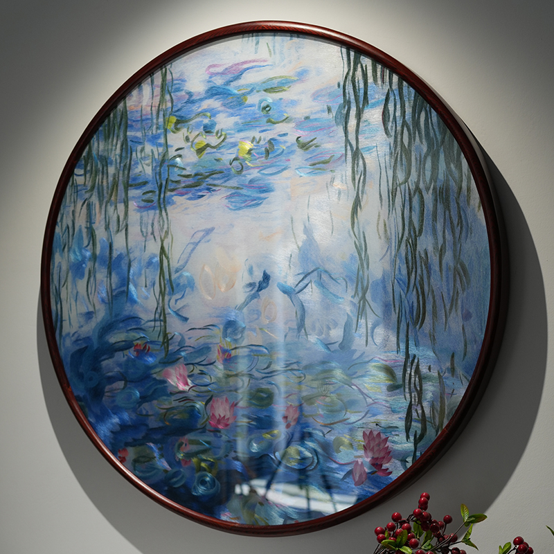 油画风格手工苏绣莫奈荷花挂画书房玄关客厅实木框高端刺绣装饰画图片