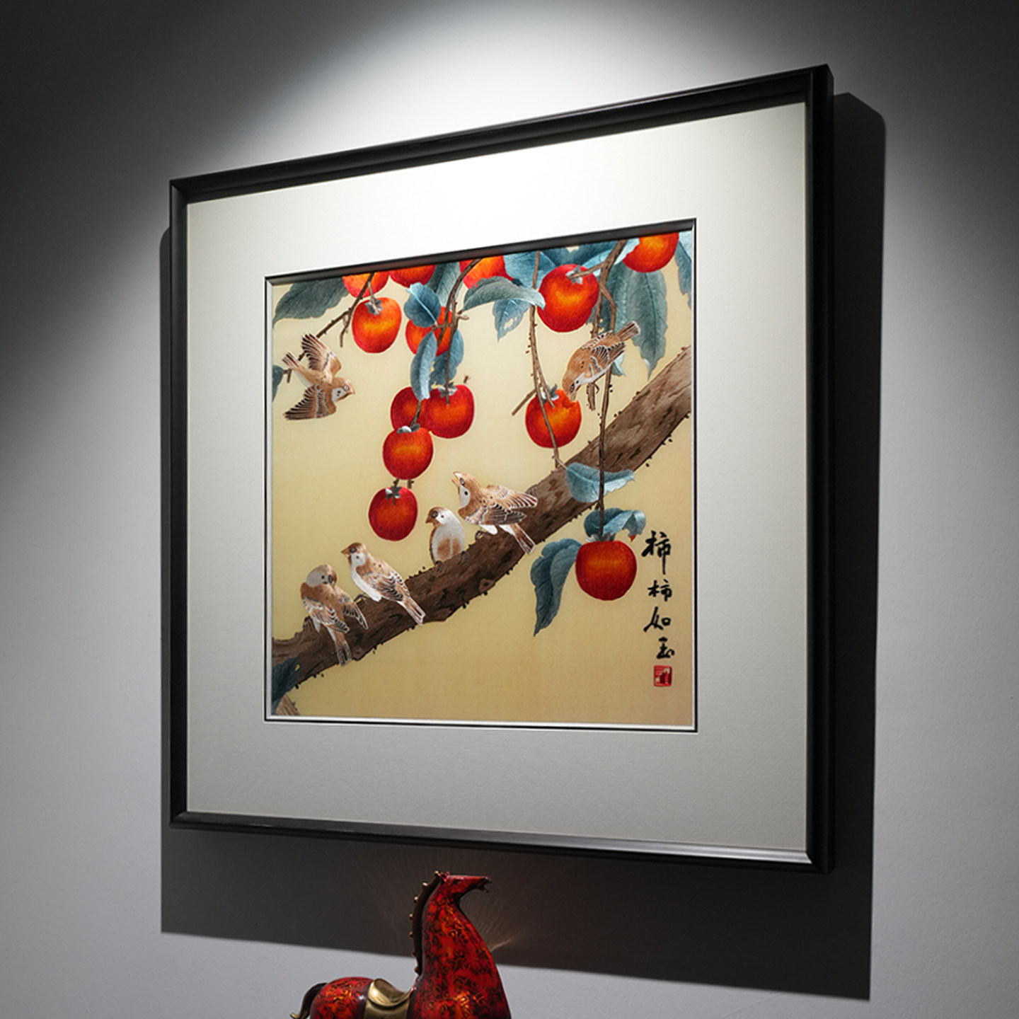 手工苏绣柿柿如意新中式装饰画书房卧室客厅高端非遗刺绣实木挂画