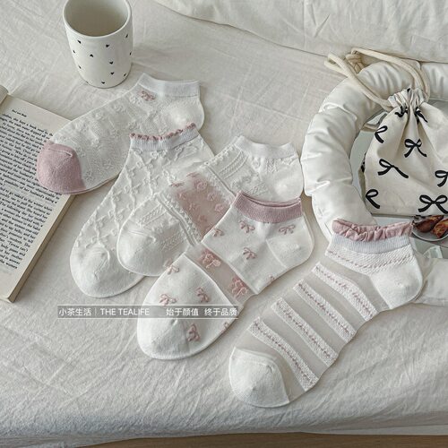 小茶生活短筒袜女士春夏网眼透气吸汗柔软舒适低帮蝴蝶结刺绣袜子