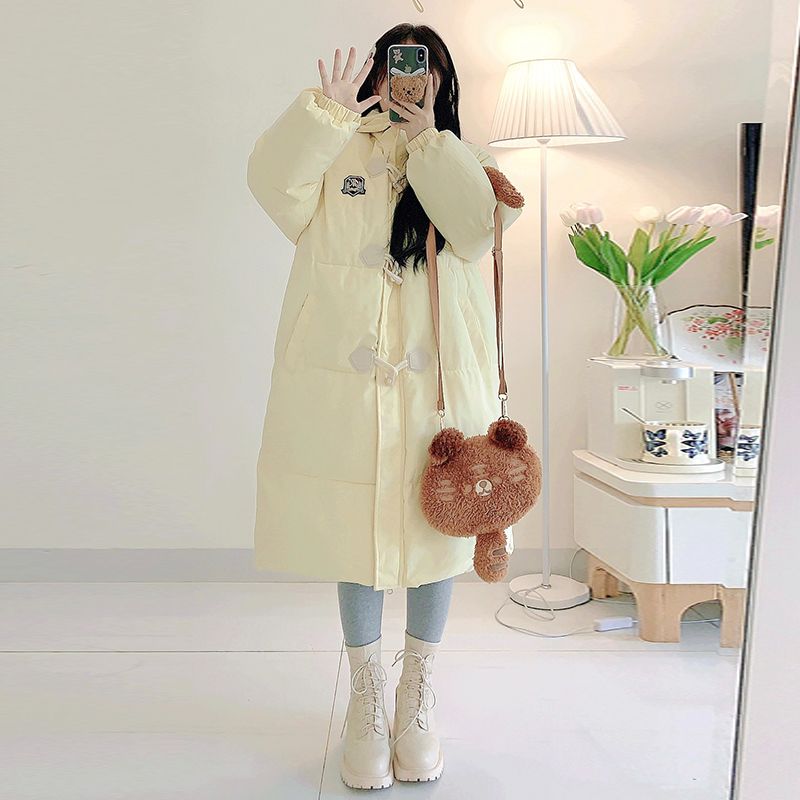 实拍2025新款中长款牛角扣羽绒棉服学院风小个子宽松棉衣外套