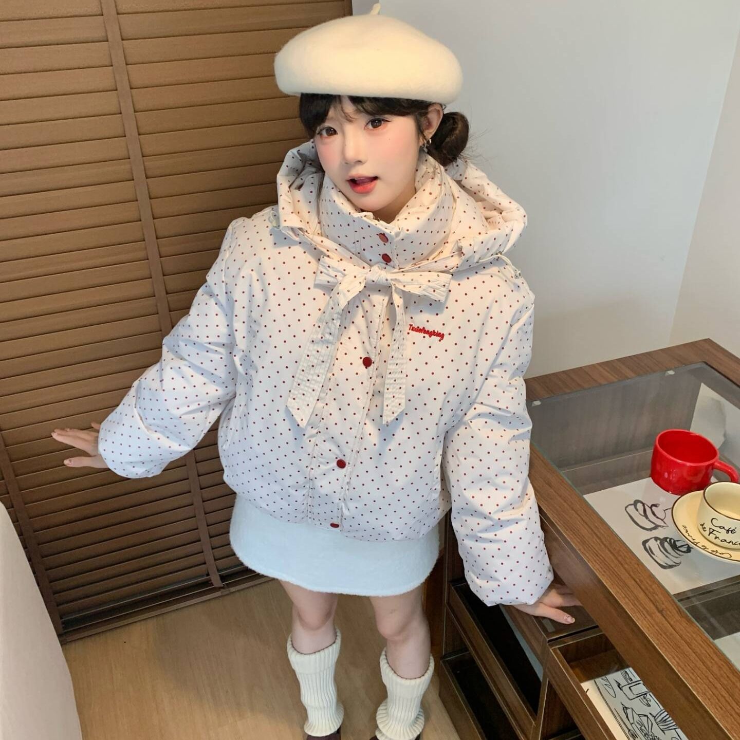 韩系学院风彩色波点连帽棉服外套女冬季新款加厚保暖面包服